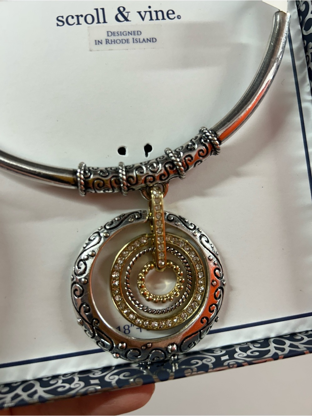 Scroll & Vine Two-Tone Crystal Circle Pendant Necklace - Silver & Gold